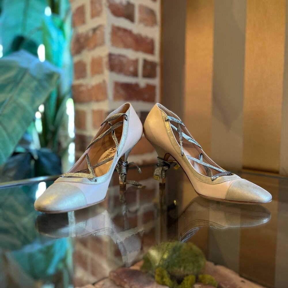 CHANEL Pink Leather Ballet Metallic Wrap Around Heels SZ 37 (US 7)